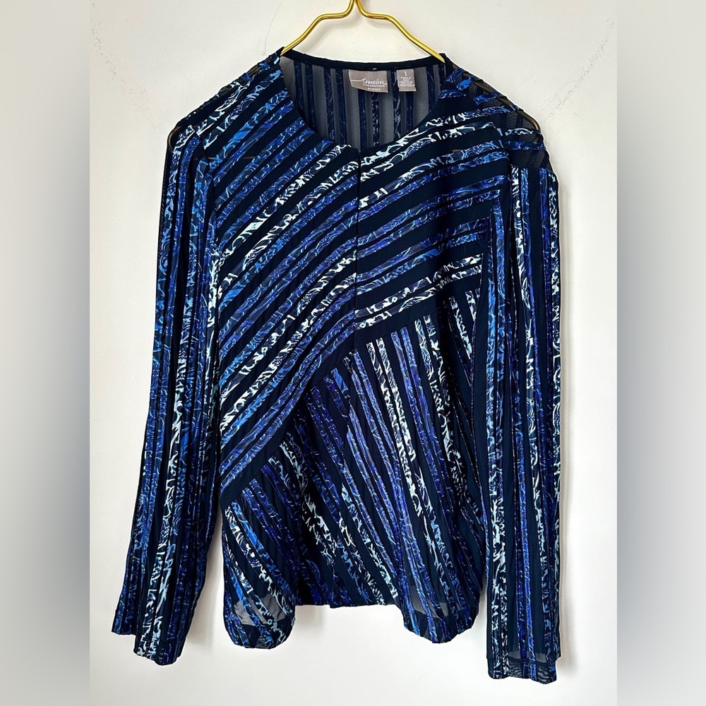 Chico’s Travelers Blue Mesh Satin Semi Sheer Open Cardigan Size 1 (US Medium)